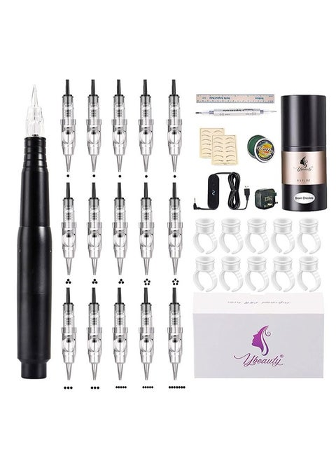 Permanent Tattoo Machine Kit with 15 Pack Eyebrow Microblading Tattoo Pen Tattoo Kit Supplies Pigment Tattoo Machine Equipment Beauty Salon for Beginners and Professional Tattoo Artists - Black