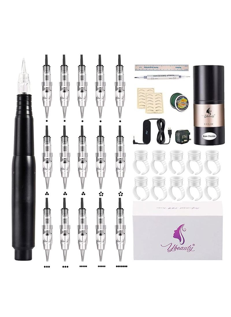 Ybeauty - Permanent Tattoo Machine Kit with 15 Pack Eyebrow Microblading Tattoo Pen Tattoo Kit Supplies Pigment Tattoo Machine Equipment Beauty Salon for Beginners and Professional Tattoo Artists - Black - Image 1