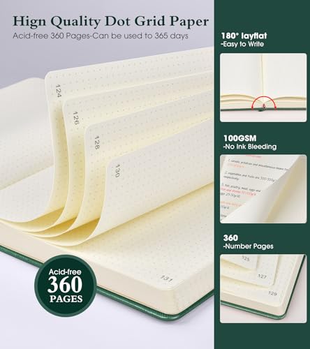 Ansopu Dotted Journal Notebook, 360 Numbered Pages Bullet Dot Grid Journal,100gsm Dot Paper Thick Hardcover Leather Journal for Writing Women Men, A5 Dotted Grid Notebooks for Work 5.75" x 8.38" Green - Image 2