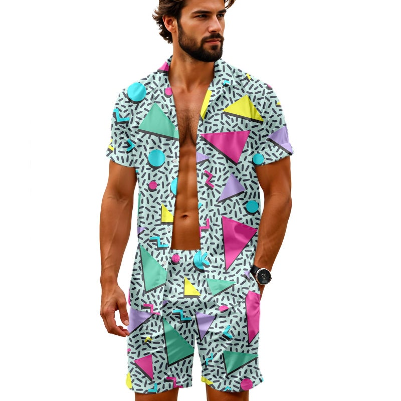 Artsadd 80s Outfit for Men 2 Piece Tracksuit Set Hawaiian Shirt and Shorts Button Down 90s Shirts Neon Outfit Beach Disco Party Costume Retro L