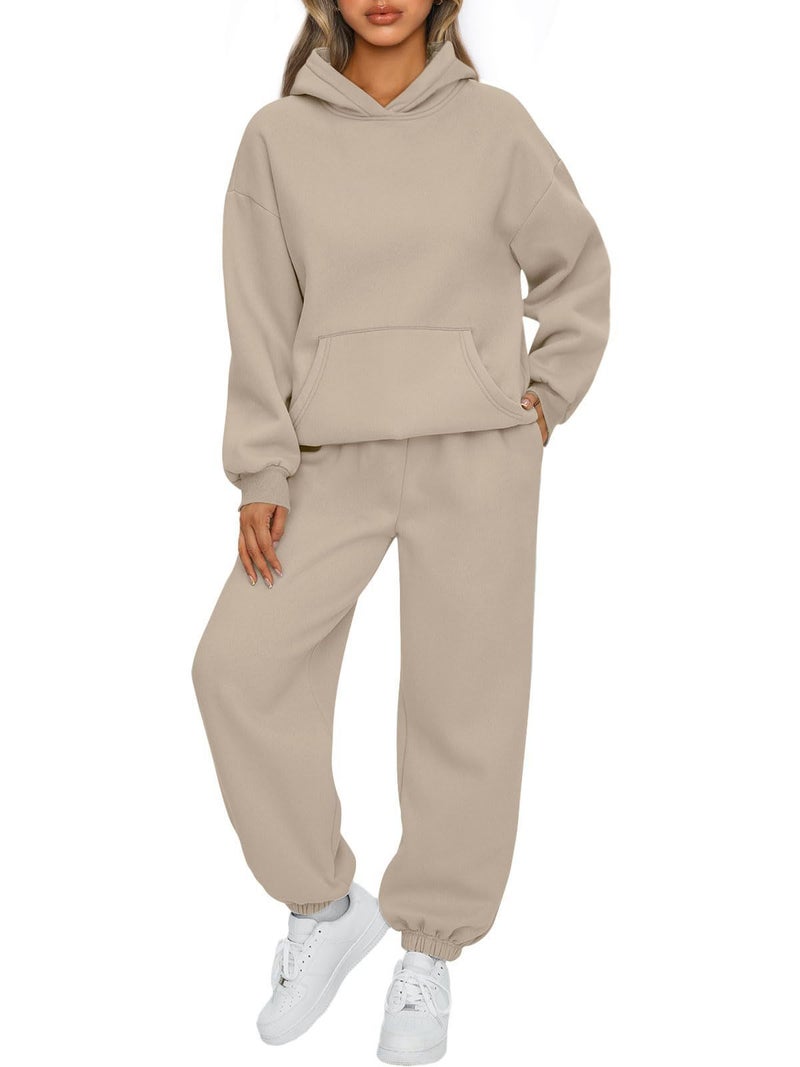 2023 Autumn Winter Womens Hoodie and Pants Set Khaki