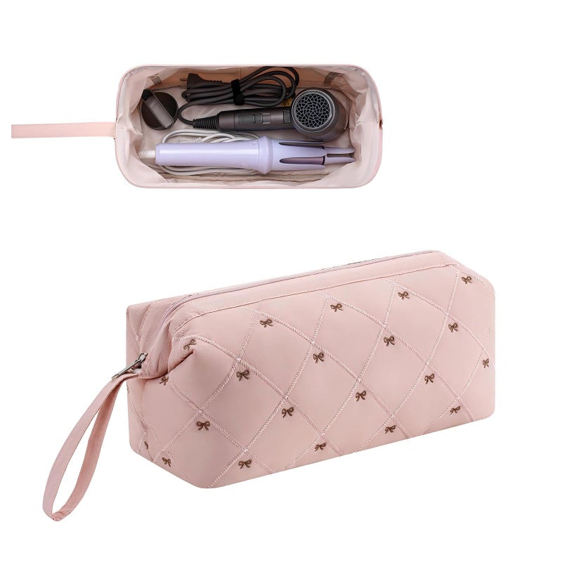 Hair Tool Organizer, Large Waterproof Quilted Travel Bag with Bow Pattern, Heat Resistant Portable Storage Case for Dyson Airwrap, Shark FlexStyle, Curling Irons, Revlon, Pink - Image 1