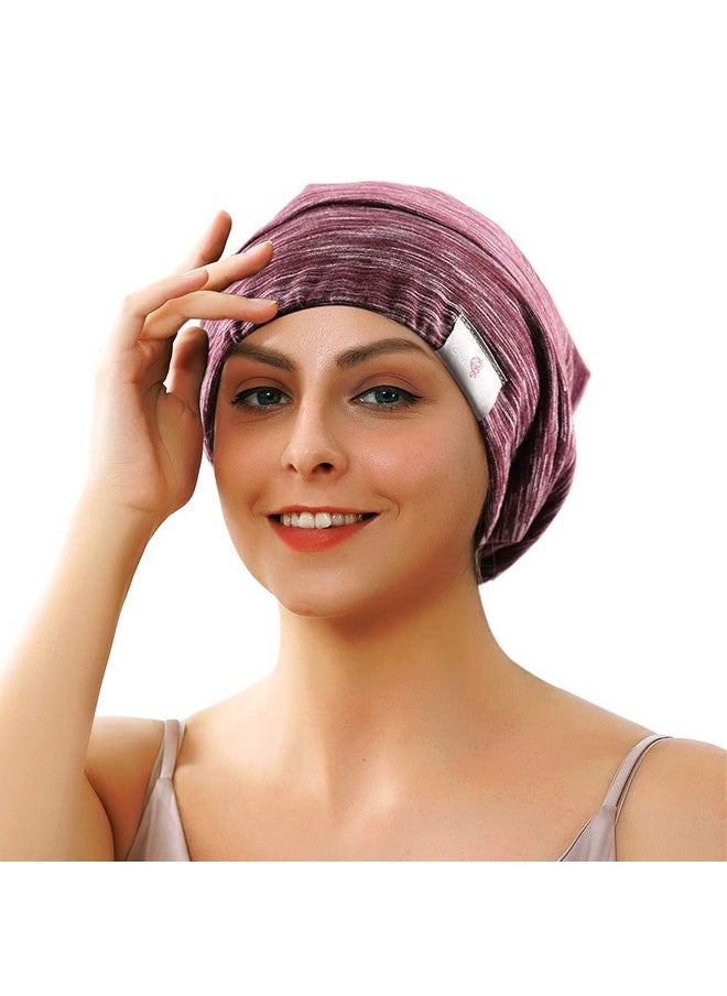 greatremy Beanie Silky Satin Lined Hair Bonnet Sleep Capadjustable Elastic Band Slouchy Cotton Hat For Women Sleeping Natural Curly Hair Wine Red  - Image 1