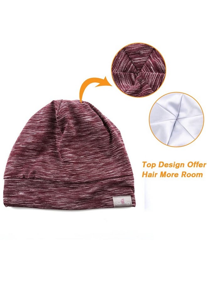 greatremy Beanie Silky Satin Lined Hair Bonnet Sleep Capadjustable Elastic Band Slouchy Cotton Hat For Women Sleeping Natural Curly Hair Wine Red  - Image 5