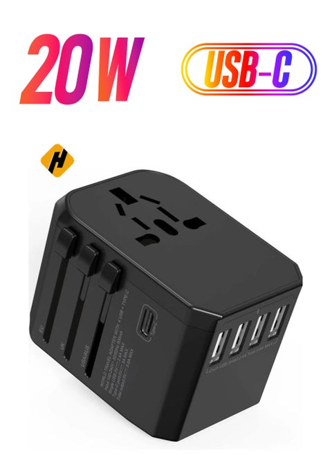 Universal Adapter with Power Socket Plugs and Plug Adaptor with 3 Ultra-Fast USB  Port and 1 Brisk USB Type C Port (Black) with  20W Dual Port USB C PD Fast ChargerUSB C to Lightning Cable