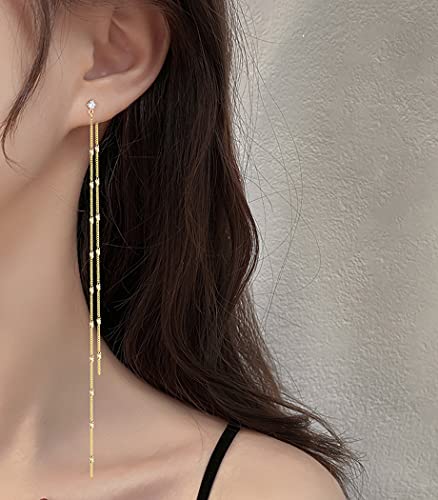 SLUYNZ Solid 925 Sterling Silver 6.3inch Long Chain Earrings Dangle for Women Teen Girls Line Dangle Earrings Chain Backs (B-Gold Plated) - Image 2