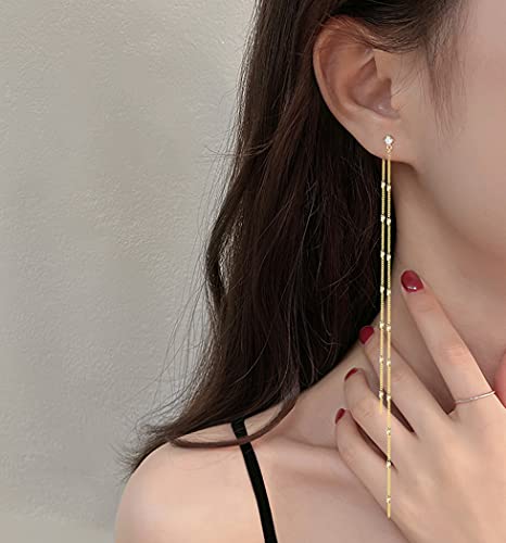 SLUYNZ Solid 925 Sterling Silver 6.3inch Long Chain Earrings Dangle for Women Teen Girls Line Dangle Earrings Chain Backs (B-Gold Plated) - Image 3