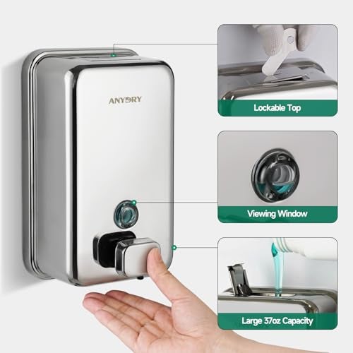 anydry Commercial Wall Mounted Soap Dispenser 37oz 1100ml Large Capacity Polished Stainless Steel Manual Dispenser for High Traffic Restrooms - Image 5