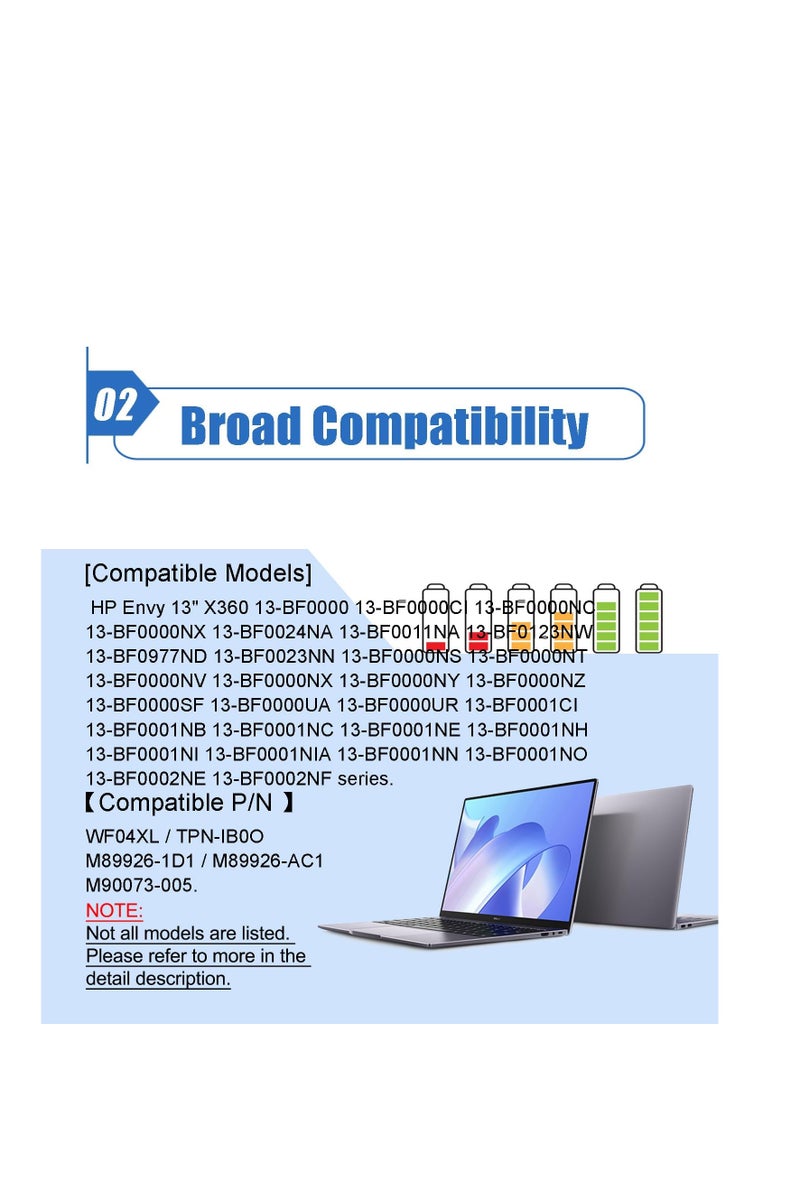 Terabyte WF04XL Laptop Battery for HP Envy 13" X360 13-BF0000 13-BF0000CI 13-BF0000NC 13-BF0000NX 13-BF0024NA 13-BF0123NW 13-BF0977ND Series M90073-005 M89926-AC1 M89926-1D1 HSTNN-OB2Y 7.7V/66.52Wh/8210mAh - Image 2