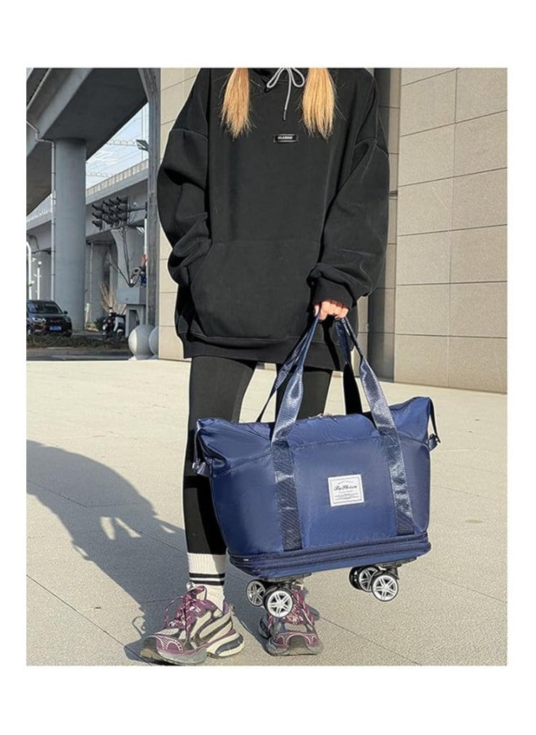 Generic Travel Tote Bags with Trolley Sleeve Expandable Extra Waterproof Oxford Duffel Bag with Wheels Lightweight Traveling Foldable Suitcase Dark Blue Detachable Wheels  - Image 4