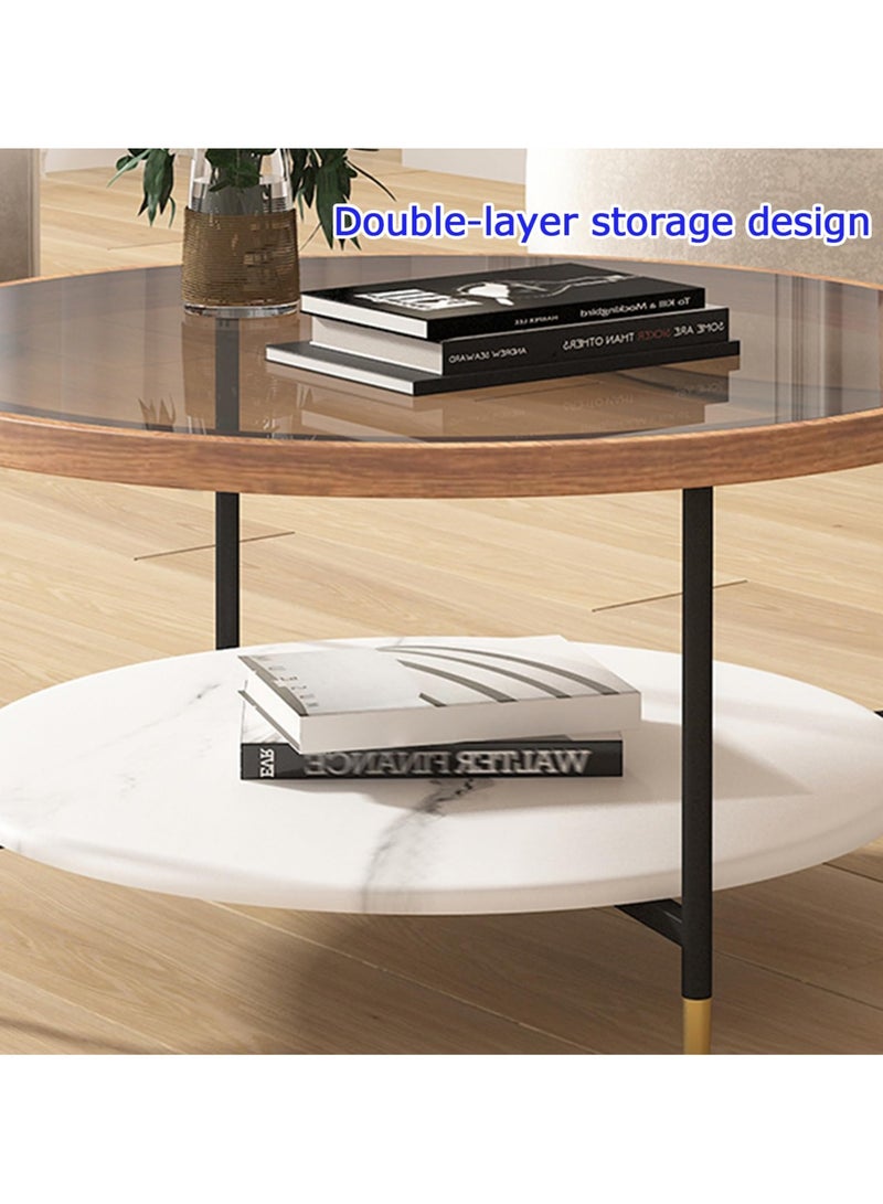 XiuWoo Set of 2 Nordic Modern Round Coffee Table with Tempered Glass Top 70cm Double-Layer Storage Design Minimalist Luxury Side Table for Living Room Bedroom Office Balcony - Image 2