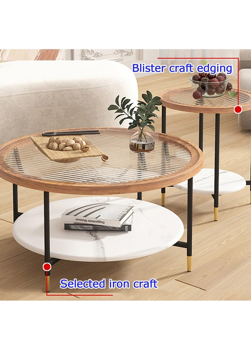 XiuWoo Set of 2 Nordic Modern Round Coffee Table with Tempered Glass Top 70cm Double-Layer Storage Design Minimalist Luxury Side Table for Living Room Bedroom Office Balcony - Image 3