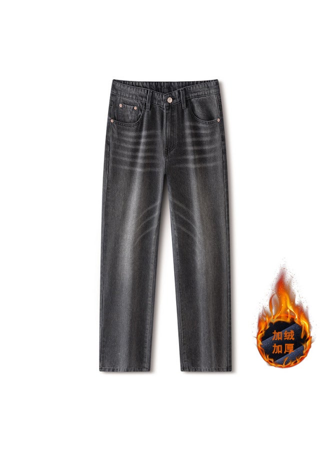 Men's Clothing Autumn/winter New Fleece-lined Jeans Men's Versatile Loose Straight Vintage High Street Wide-leg Pants