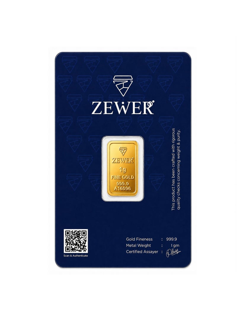 ZEWER 1g 24K 999.9 Fine Gold Bar with Floral Design - Image 1