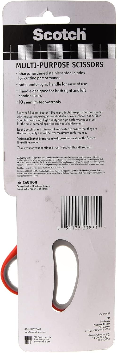 Scotch Multipurpose Scissors 7 in (18 cm) - 1 scissors/pack,  Stainless Steel Blades, Red and Grey color, Ergonomic Comfort Grip, Stainless Steel Blades, Red and Grey - Image 3