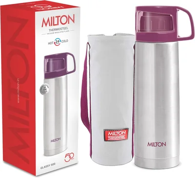 Milton Milton Glassy 500 Thermosteel 24 Hours Hot and Cold Water Bottle with Drinking Cup Lid, 500 ml, Pink | Leak Proof | Office Bottle | Gym Bottle | Home | Kitchen | Hiking | Trekking | Travel Bottle Pink