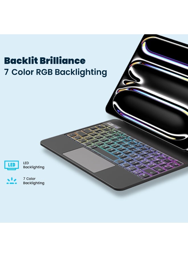 باورولوجي حافظة لوحة مفاتيح لاسلكية Dynaboard لجهاز iPad الجيل العاشر مع حامل هاتف MagSafe / كلمة رئيسية باللغتين الإنجليزية والعربية / وقت عمل 8 أيام / لوحة لمس / لوحة تتبع كبيرة مريحة / أضواء RGB 7 ألوان / سهولة الوصول إلى القلم / أضواء قابلة للتخصيص - أسود - Image 5