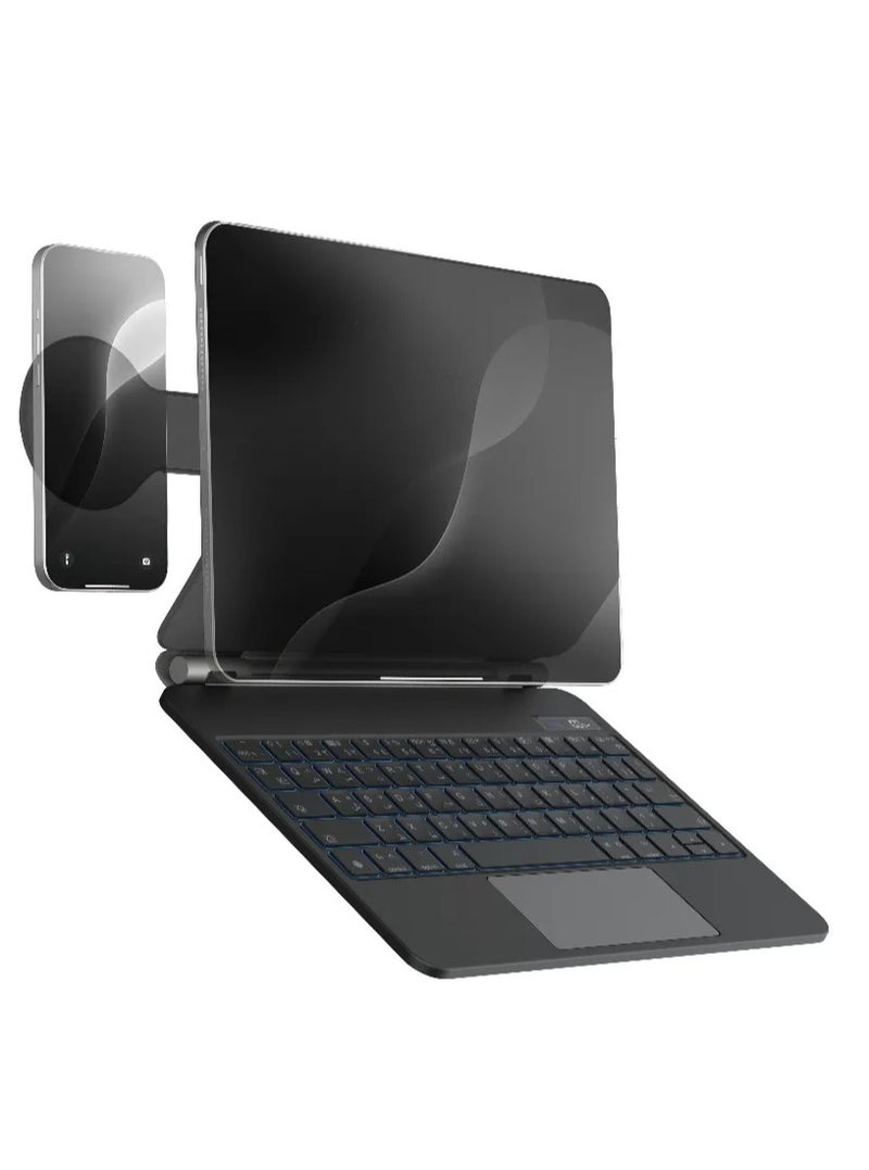 باورولوجي حافظة لوحة مفاتيح لاسلكية Dynaboard لجهاز iPad الجيل العاشر مع حامل هاتف MagSafe / كلمة رئيسية باللغتين الإنجليزية والعربية / وقت عمل 8 أيام / لوحة لمس / لوحة تتبع كبيرة مريحة / أضواء RGB 7 ألوان / سهولة الوصول إلى القلم / أضواء قابلة للتخصيص - أسود - Image 1