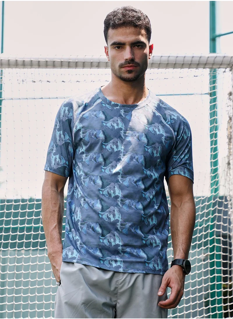 Campus Sutra Campus Sutra Men's Slate Blue Panel-Swirl Activewear T-Shirt For Casual Wear | Crew Neck | Short Sleeves | Jersey T-Shirt Crafted With Comfort Fit For Everyday Wear