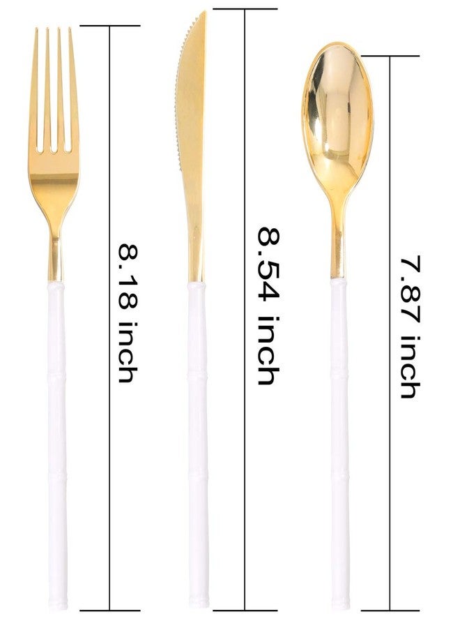 WDF 90 قطعة أدوات مائدة بلاستيكية ذهبية - أدوات مائدة بلاستيكية ذهبية بمقبض أبيض - أدوات مائدة ثقيلة للعيد وعيد الميلاد تشمل 30 شوكة، 30 ملعقة، 30 سكين للحفلات - Image 2