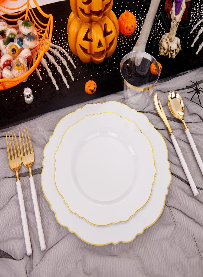 WDF 90 قطعة أدوات مائدة بلاستيكية ذهبية - أدوات مائدة بلاستيكية ذهبية بمقبض أبيض - أدوات مائدة ثقيلة للعيد وعيد الميلاد تشمل 30 شوكة، 30 ملعقة، 30 سكين للحفلات - Image 4