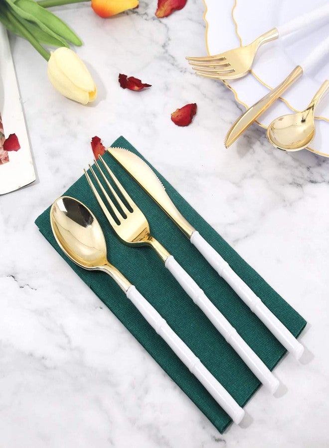 WDF 90 قطعة أدوات مائدة بلاستيكية ذهبية - أدوات مائدة بلاستيكية ذهبية بمقبض أبيض - أدوات مائدة ثقيلة للعيد وعيد الميلاد تشمل 30 شوكة، 30 ملعقة، 30 سكين للحفلات - Image 5