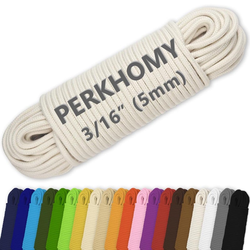 PerkHomy 100 ft 316 5mm Cotton Rope Multi Purpose Utility Diamond Braided Cord Natural Cotton for Clothes Line Camping Crafting Flag Pole Natural White