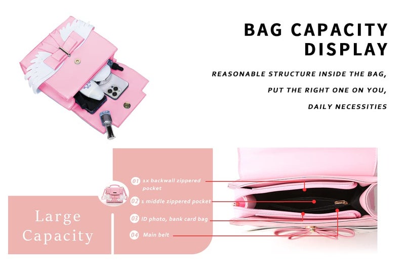 JHVYF Women's Cute Wings Bow Top Handle Cross Body Shoulder Bags Girls Kawaii Handbag Pink 354343 - Image 3