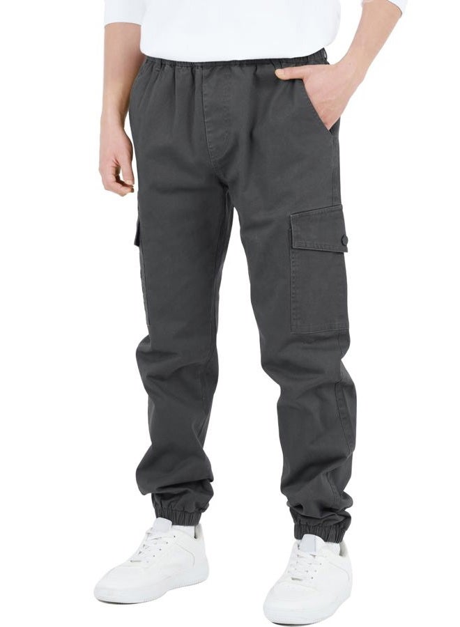 CAMLAKEE Boys Cargo Pants for Kids Stretch Elastic Waist School Youth Twill Joggers Grey 12-13 Years/Size 160 - Image 3