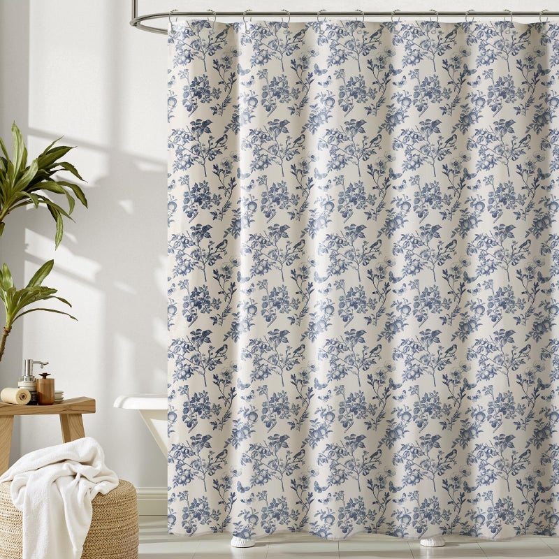 Treory Blue Shower Curtain Set with Metal Hooks, Cottagecore Faux Linen Elegant Vintage Floral Shower Curtains for Bathroom, French Country Bird Fruit Pattern, 72" x 72" - Image 1