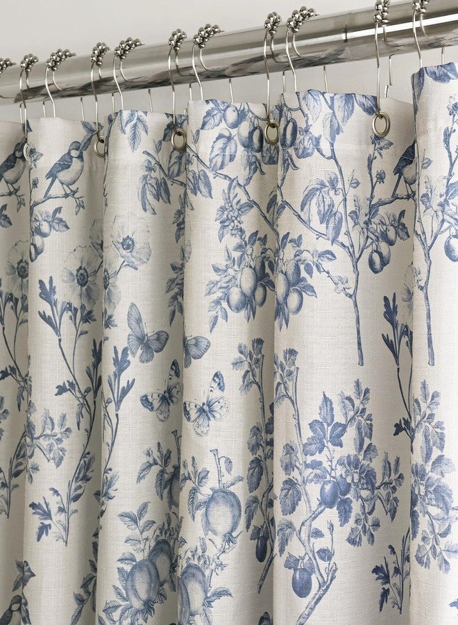 Treory Blue Shower Curtain Set with Metal Hooks, Cottagecore Faux Linen Elegant Vintage Floral Shower Curtains for Bathroom, French Country Bird Fruit Pattern, 72" x 72" - Image 5