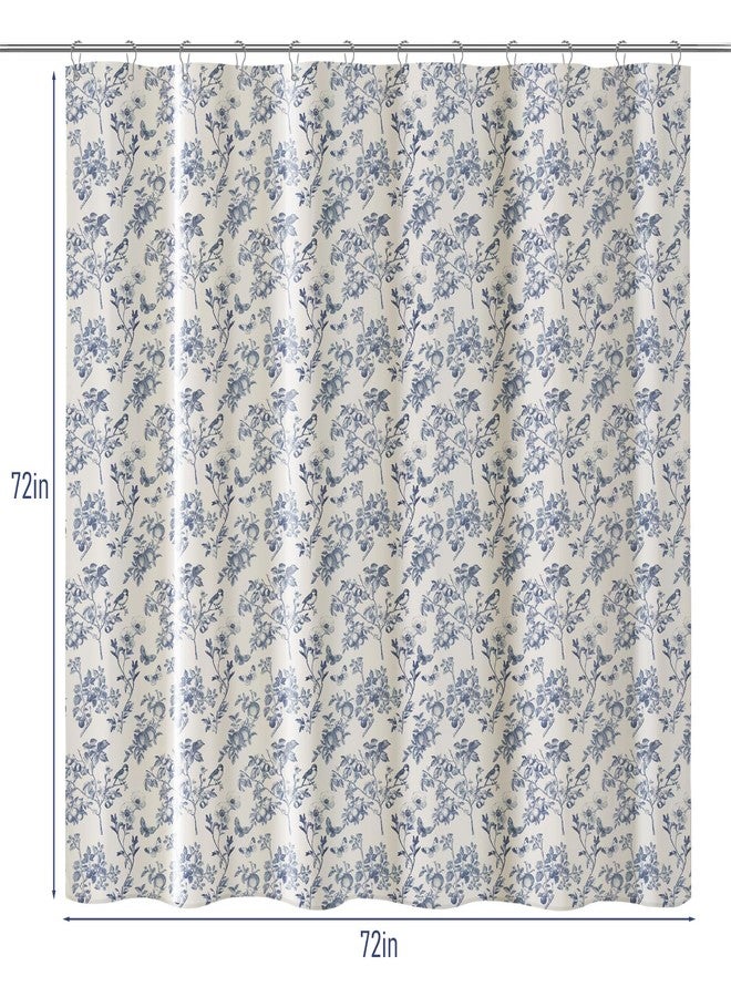 Treory Blue Shower Curtain Set with Metal Hooks, Cottagecore Faux Linen Elegant Vintage Floral Shower Curtains for Bathroom, French Country Bird Fruit Pattern, 72" x 72" - Image 3