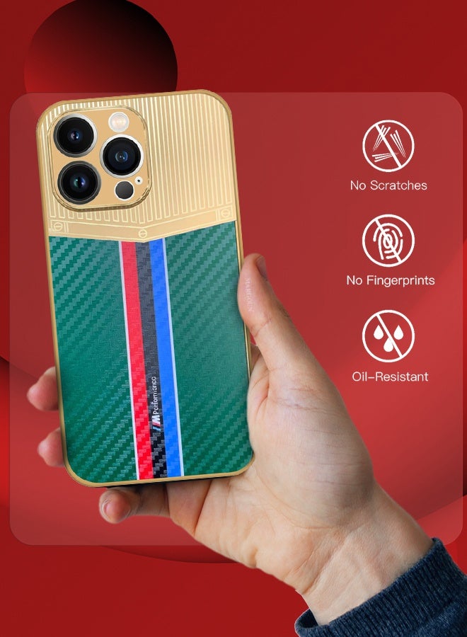 CATANES Luxury Gold Plated Case for iPhone 13 Pro - Hybrid Electroplated Frame Back Cover with Carbon Fiber Texture - Racing Stripe Pattern Green - Image 5