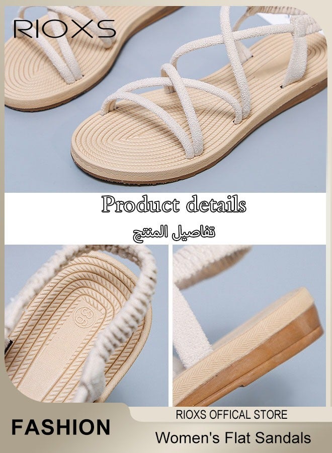 ريوكس صنادل نسائية بأربطة، صنادل مسطحة مريحة مفتوحة من الأمام مع رباط عند الكاحل، صنادل رومانية صيفية، صنادل نسائية مضفرة، صنادل شاطئية للعطلات، صنادل أنيقة وعصرية للسفر، هاواي، المواعدة، العمل، الملابس اليومية، بيج - Image 4