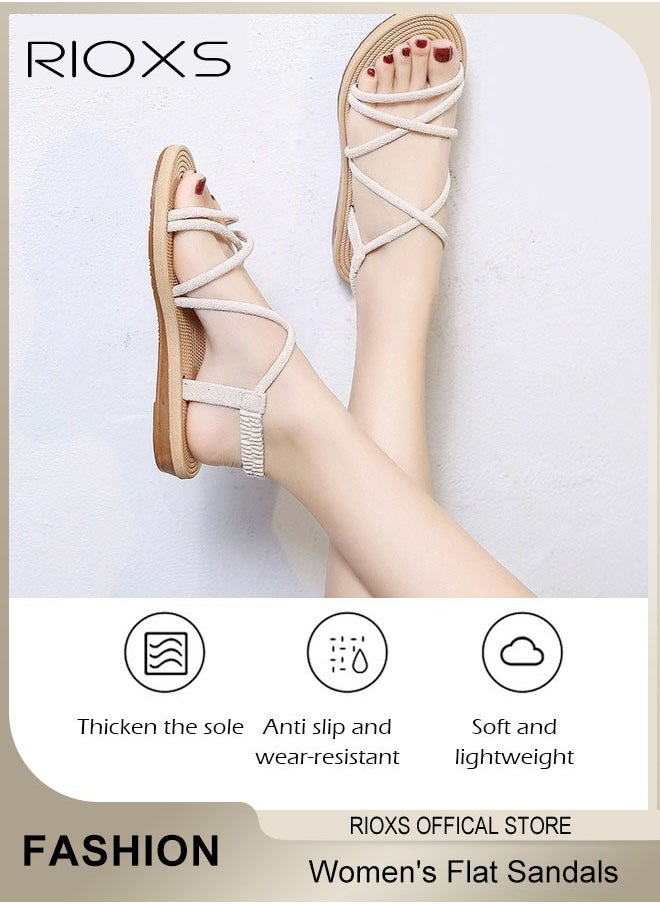 RIOXS - Women's Flat Sandals, Comfortable Ankle Strap Cutout Sandals, Summer Roman Slide Shoes, Braided Vacation Beach Slide Sandals, Fashional Casual Flat Sandals For Travel Hawaii Daily Wear - Image 1