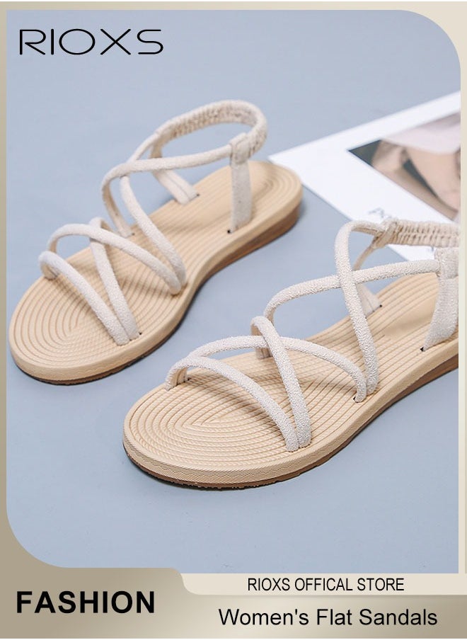 RIOXS - Women's Flat Sandals, Comfortable Ankle Strap Cutout Sandals, Summer Roman Slide Shoes, Braided Vacation Beach Slide Sandals, Fashional Casual Flat Sandals For Travel Hawaii Daily Wear - Image 1