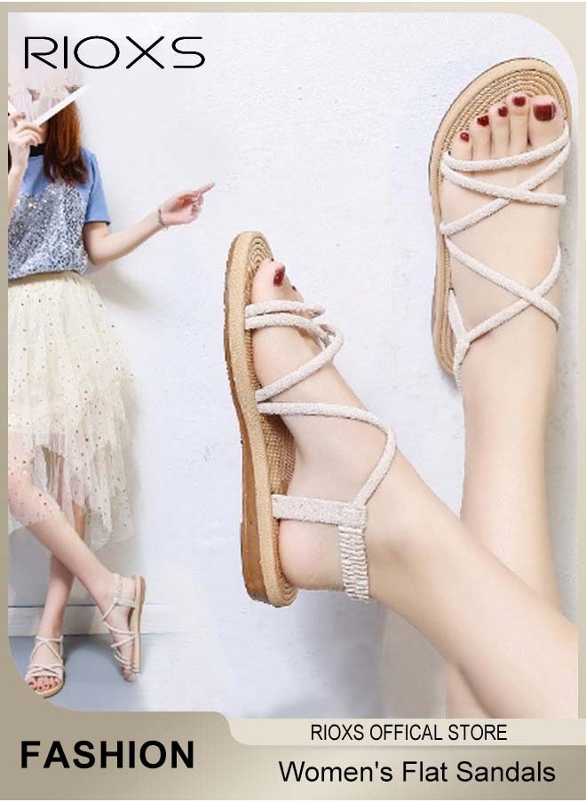 RIOXS - Women's Flat Sandals, Comfortable Ankle Strap Cutout Sandals, Summer Roman Slide Shoes, Braided Vacation Beach Slide Sandals, Fashional Casual Flat Sandals For Travel Hawaii Daily Wear - Image 1