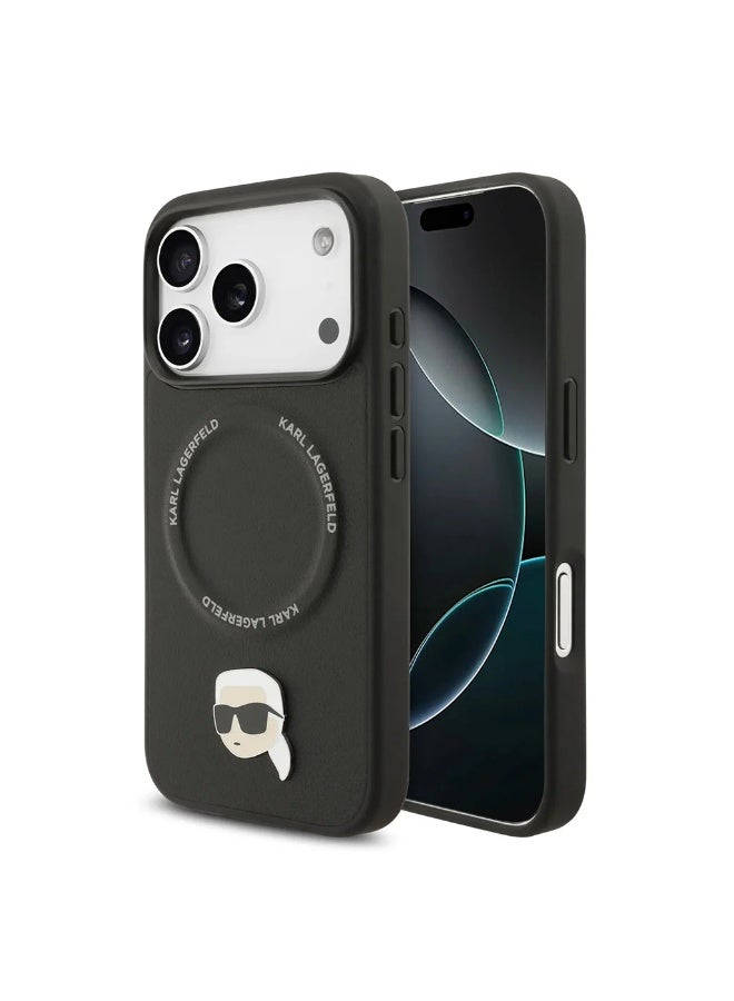 كارل لاغرفيلد جراب كارل لاغرفيلد المصنوع من جلد البولي يوريثان مع دبابيس رأس كارل لجهاز iPhone 17 Pro Max - Image 3