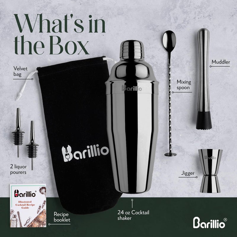 barillio طقم باريللو بلاك ميكسولوجي - طقم شاكر كوكتيل سفر من 8 قطع من الفولاذ المقاوم للصدأ مع حقيبة - أدوات بار مع شاكر مارتيني، ملعقة خلط ومهدم موهيتو للكوكتيلات - طقم بار وبارتندينغ - Image 2
