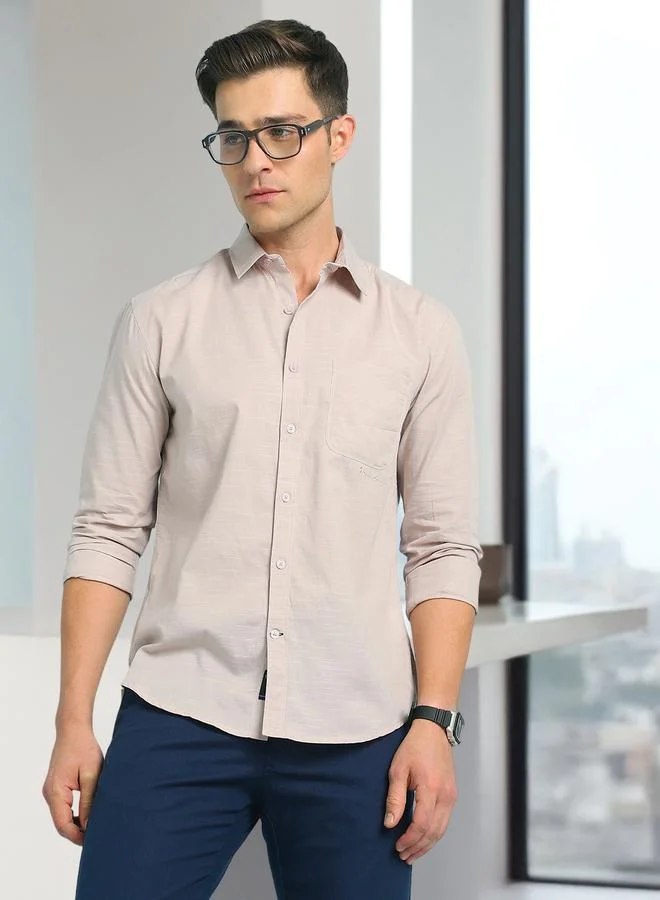 Dennis Lingo Men's Beige Cotton Blend Solid Pattern Button Down Relaxed Shirt