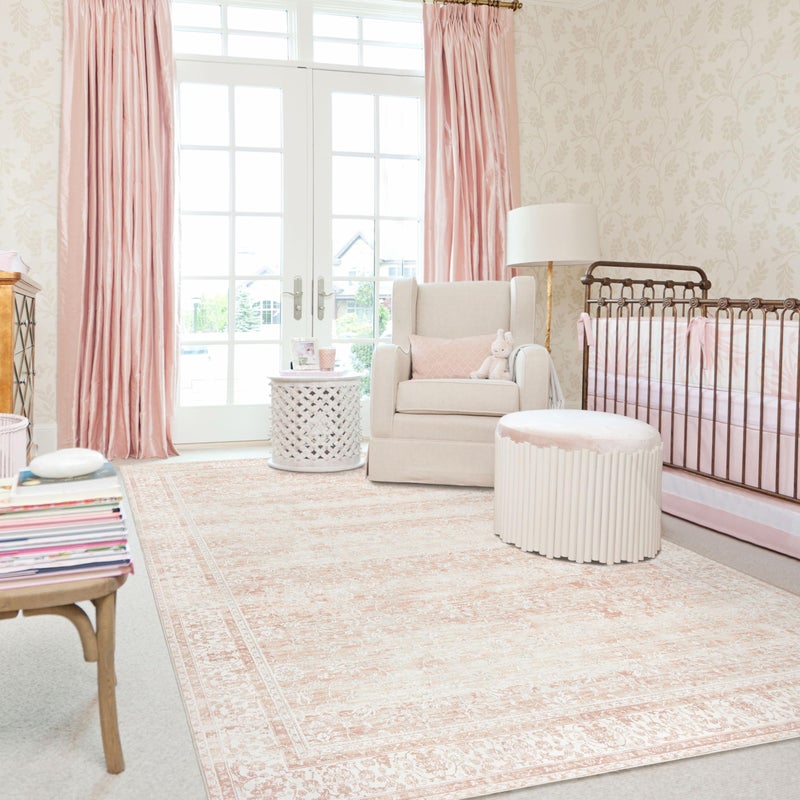 BILEEHOME Nursery Rug for Baby Girl Neutral Blush Pink Boho Floral Washable Soft Faux Wool Area Rugs for Living Room Bedroom  5x7 - Image 2