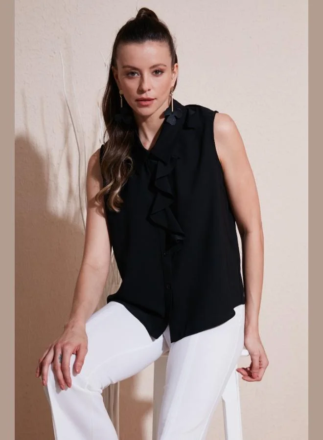 ليلا قميص نسائي بدون أكمام بياقة ليلى مكشكش بقصة عادية