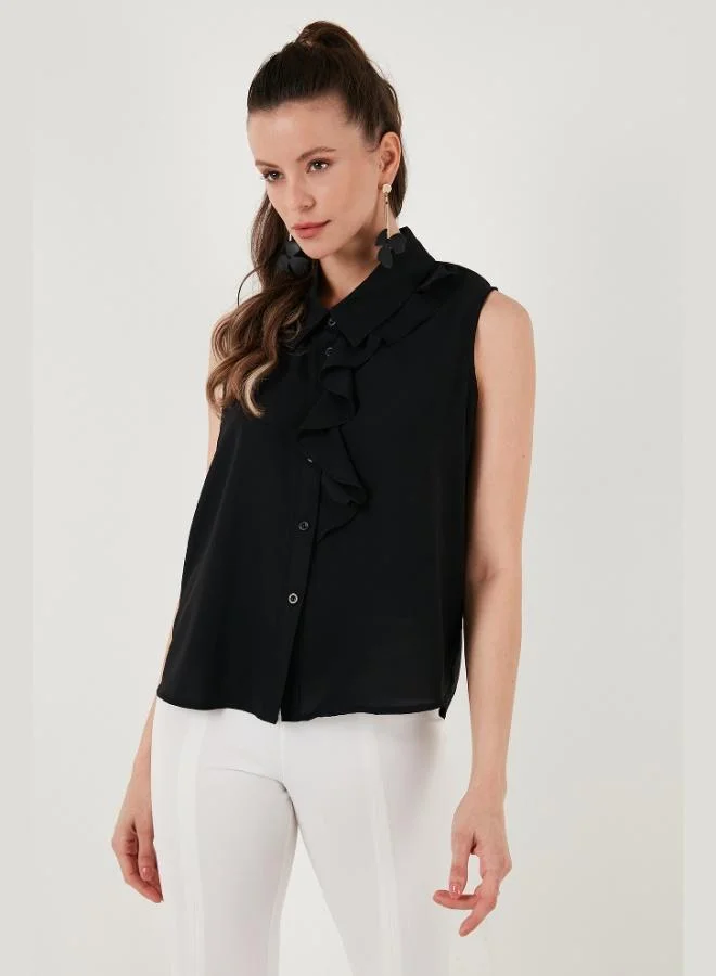 ليلا قميص نسائي بدون أكمام بياقة ليلى مكشكش بقصة عادية