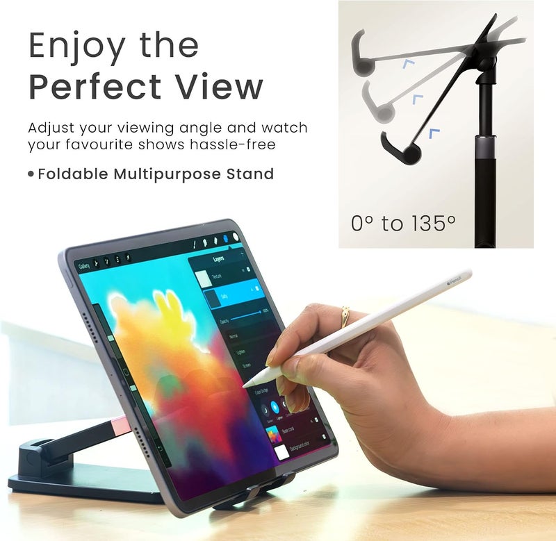 AMBRANE Tablet & Mobile Holder for All Smartphones, Tabs, Kindle, iPad Mobile Holding Tabletop Stand, Height Adjustment, Foldable Design, Multipurpose, Anti-Skid Design (Twistand +, Black) - Image 3
