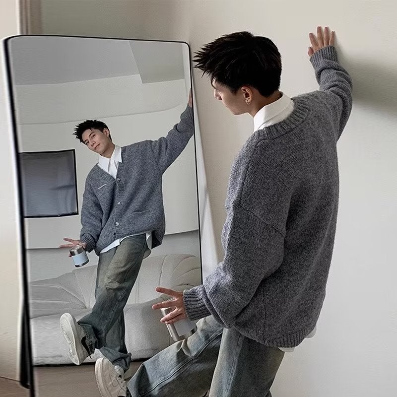 Autumn and winter new American style retro casual gray lazy collar sweater mens cardigan Grey 