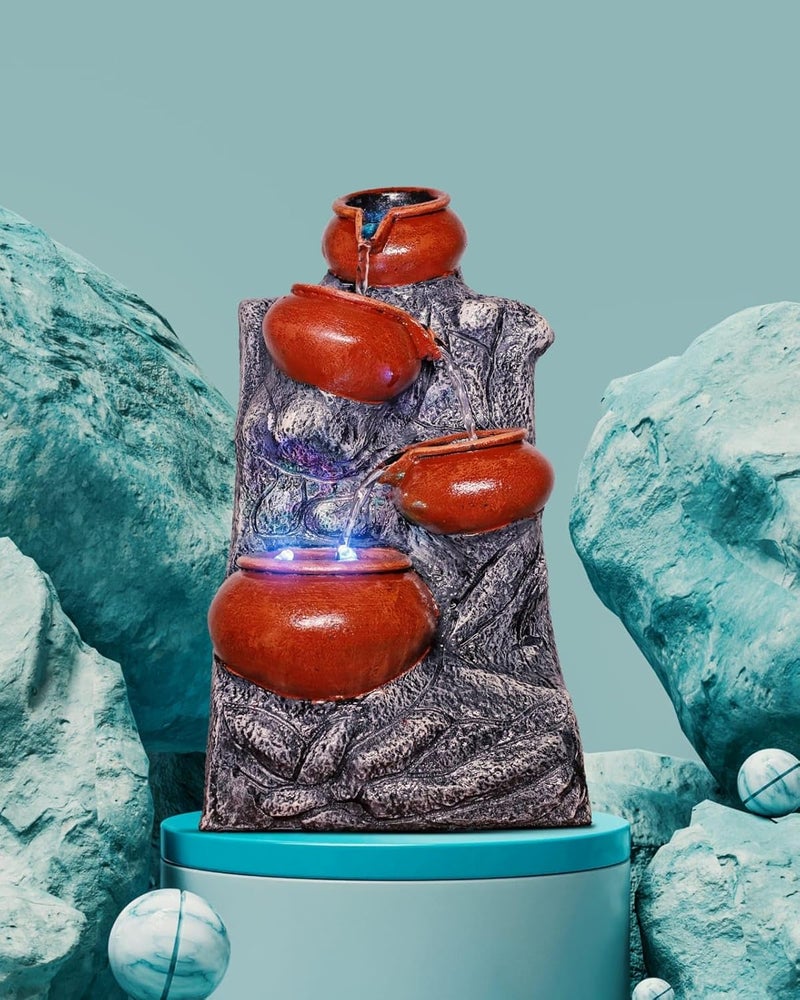AquaDreams Vintage Style Classic 4Pots Polyresin Tabletop Indoor Waterfall Fountain with LED 33 x 19 x 18 cm for Home Decor Showpiece Fountain for Living Room House Gift Meditation Relaxation  - Image 1