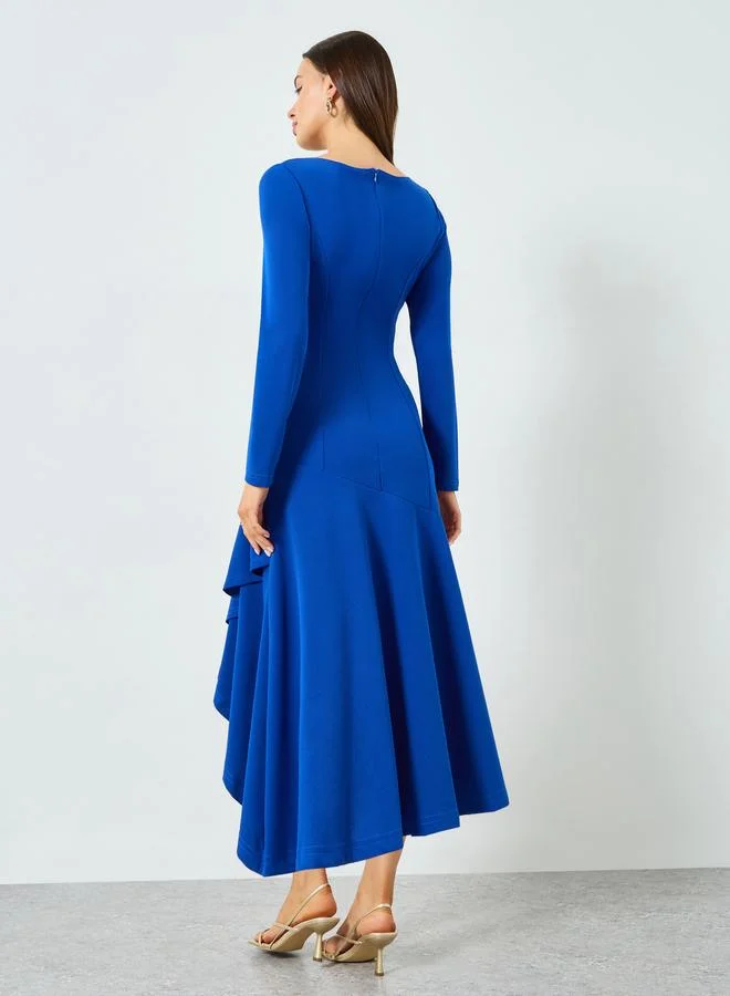 Take Two  Blue Ruffled Detail Asymmetric Hem Midi Dress for Women | Best Price UAE