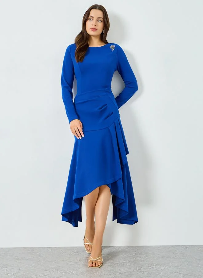 Take Two  Blue Ruffled Detail Asymmetric Hem Midi Dress for Women | Best Price UAE