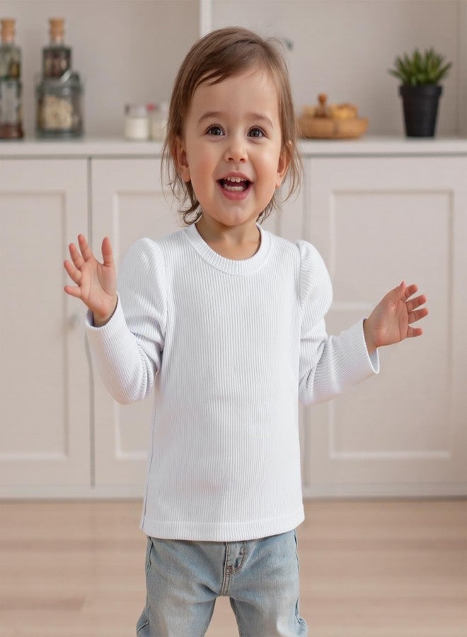 KMBANGI Toddler Baby Girl Plain Shirt Long Sleeve Solid Color Knitted T-Shirt Basic Blouse Kids Casual Pullover Tops Fall (White, 2-3 Years) - Image 2