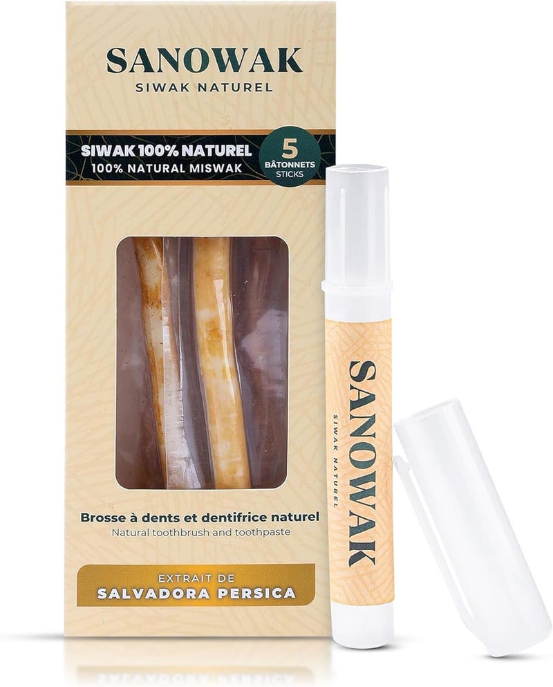 Miswak Stick / 100% Natural Siwak Sticks – 5 Organic Wooden Toothbrushes with Plastic Holder | Teeth Whitening & Oral Care | 100% Chewable & Antibacterial | Eco-Friendly & Vacuum Sealed - Image 1